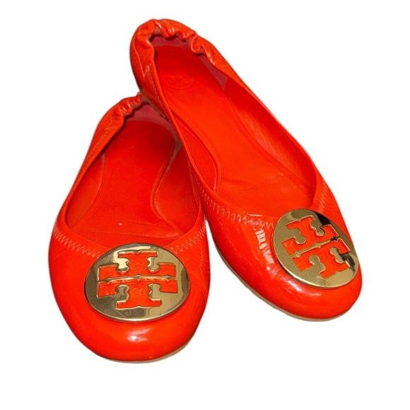 Tory Burch Reva Orange Chic Casual Minnie Ballet Flats with Gold Logo Medallion - Picture 1 of 17